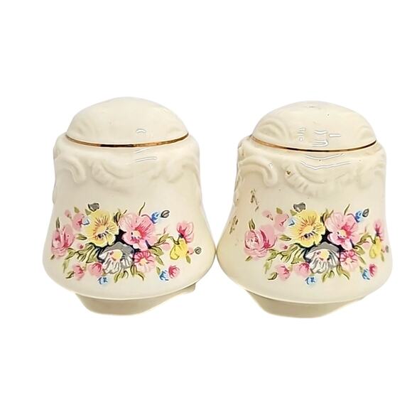Vintage 1970's Floral Pattern with Gold Trim Porcelain Salt and Pepper Shakers - Picture 1 of 6